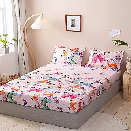 Lanqinglv Spannbettlaken 90x200 cm Kinder Mädchen Rosa Schmetterling Matratzenschoner Spannbetttuch aus Mikrofaser - Bettlaken Spannbettlaken für Boxspringbett,Matratze bis 30 cm höhe