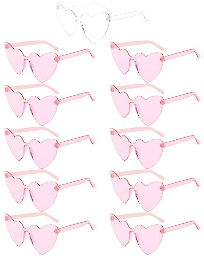 Lot de 11 paires de lunettes de soleil teintées transparentes en forme de cœur sans monture pour enterrement de vie de jeune fille, 1 mariée + 10 équipes, fête prénuptiale, accessoires de photomaton