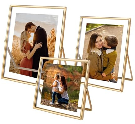 HSAUYU Gold Picture Frames Set of 3, Metal Geometric Photo Frame with Glass Cover Includes 5x7, 4x6, 4x4 - Tabletop Floating Picture Frames for Home Wedding Decoration, Gift for Father's Day