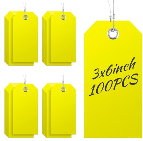 100 stora gula fraktetiketter i plast – 7,6 x 15,2 cm, slitstark, vattentät, skrivbar, med snöre fäst