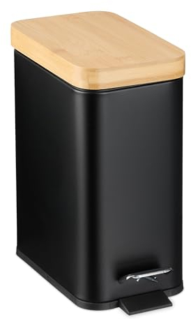 Relaxdays Poubelle de Salle de Bain, 5 litres, en métal, Seau intérieur Amovible, Couvercle en Bambou, Noire