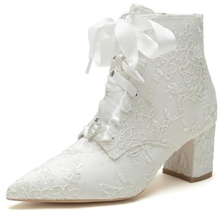 Donna Punta Appuntita Scarpe da Sposa in Pizzo Tacco Largo Vestito Décolleté con Strass Ballo Festa Serale Lacci Stivaletti,Avorio,35 EU