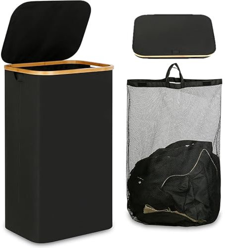 Wäschesammler 100L Faltbarer Deckel Wäschekorb: mit Bambus Henkel und Herausnehmbaren Innentasche Schmutzwäschebehälter Pfandflaschen Behälter (Schwarz)