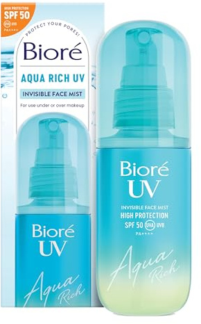 Biore SPF 50, Aqua Rich UV Invisible Face Mist, On-The-Go High Protection, Use Under And Over Makeup, No White Cast, No Grease, Japanese Sunscreen, 60ml