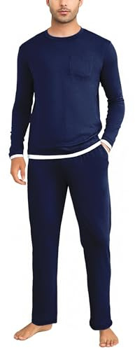 Litherday Pijamas Hombre Invierno de Manga Larga de Algodón Cuello Redondo Conjunto de Pijama de Hombre Camiseta con Bolsillos Ropa de Dormir de Dos Piezas