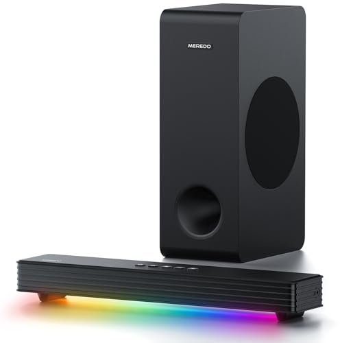 MEREDO Soundbar für TV Geräte mit Subwoofer 3.1 Kanal PC-Gaming Soundbar RGB Audio Sync Licht BT 5.3/HD-ARC/Optisch/AUX/USB TV Computer Lautsprecher für Desktop/Laptop Spielkonsolen Heimkino