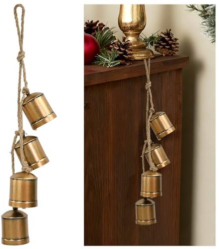 VGECEE Campanelle di Natale da Appendere, 4 Pezzi Grandi Campane Rustiche di Mucca su Una Corda Campane di Natale in Metallo Oro Campani per Mucche Vintage Decorazione per Albero di Natali, Porta