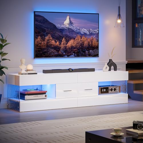 Bestier TV Stand for 55/60/65 Inch TV, High Gloss Modern TV Stand with Stone-Patterned Side Panels, LED Entertainment Center with Large Drawer, TV Consoles for Living Room, Bedroom (Glossy White)