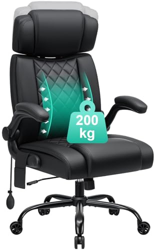 HOFFREE Bürostuhl Ergonomischer mit Lendenstütze PU-Leder Chefsessel 200kg mit Hochklappbare Armlehnen Hoher Rückenlehne Computerstuhl,Verstellbare Kopfstütze,Schwarz