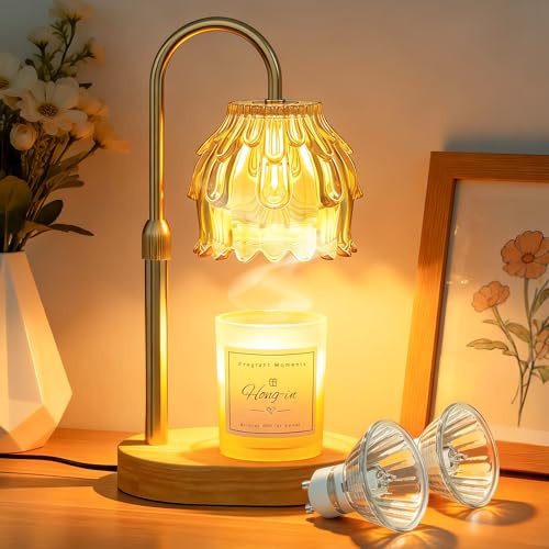 Lámpara Calentadora de Velas, Candle Warmer Lamp con Temporizador y Atenuador, Lámpara Calienta Velas Eléctrico con 2 Bombillas, Vela Lampara Perfumada Altura Ajustable para Hogar Decoración(Ambar)
