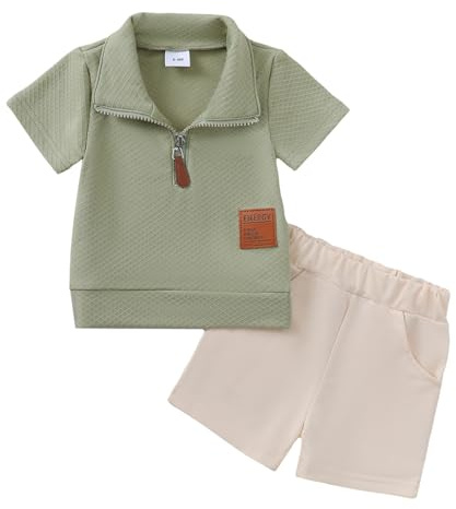 JENJON Conjunto Verano Ropa para Bebé Niño Manga Corta Camiseta con Cerniera e Colletto Rovesciato + Pantalones Cortos con Bolsillos 2 Piezas Trajes de Verano Cremallera verde 2-3 Años