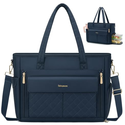RAINSMORE Teacher Work Bag with 15.6 Laptop & Lunch Compartment for Women | Ladies Laptop Handbag With Bottle Holder, Multiple Pockets, Large Work Tote Bag for Nurses, Office, College, Blue