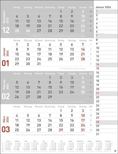 4-Monats-Planer rot 2024. Praktischer Wandplaner mit Datumsschieber. Büro-Kalender mit Notizspalte und Jahresübersicht. Wandkalender 2024 im Hochformat. 30 x 39 cm.