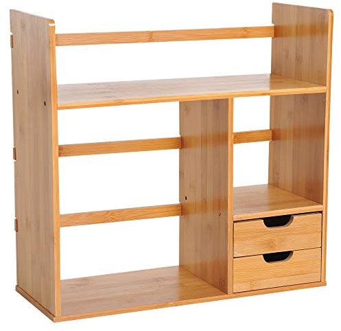 HOMCOM Desk Organiser Compartments Desktop Bookshelf Stationery Storage Shelf Document File Holder with 2 Drawers 2-way Reversed Use Bamboo