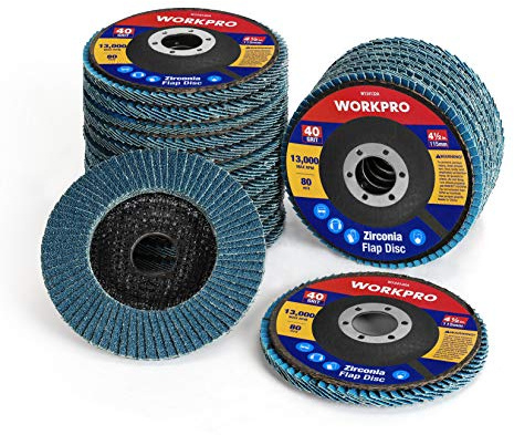 WORKPRO 20-Pack Flap Discs, 4-1/2-inch, Arbor Size 7/8-inch, T29 Zirconia Abrasive Grinding Wheel and Flap Sanding Disc, Includes 40/60/80/120 Grits