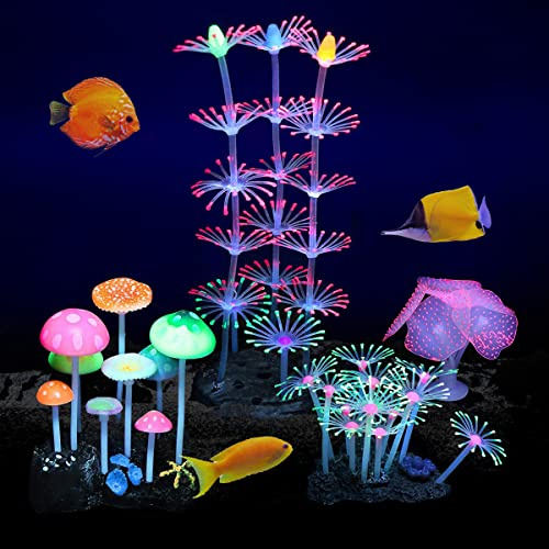 Podazz 4-pack glödande akvariedekorationer korallrev och anemon simulering silikon för akvarium dekorationer
