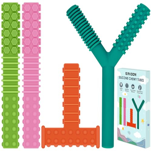 ERKOON Sensory Chew Toys for Autistic Children, 4 Pack Silicone Chewy Tube Oral Motor Tools for Sensory Kids with Autism, Biting, ADHD, SPD, Chewies with Special Needs, Teething Sticks Toys (4 Pack#1)