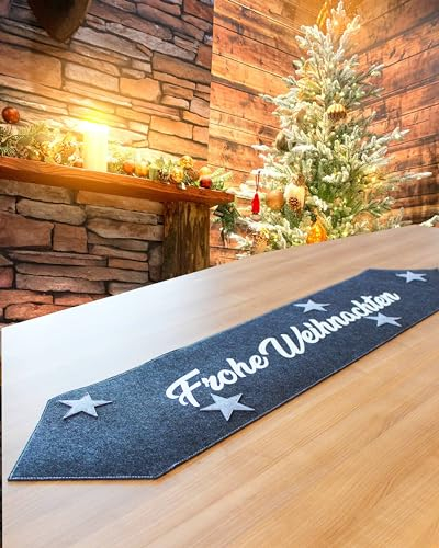 KAMACA XL Tischläufer 35x168 cm aus Filz mit aufgestickten Sternen Küche Esstisch Tisch Dekoration Eyecatcher in Herbst Winter Weihnachten (Frohe Weihnachten anthrazit 35x168 cm)