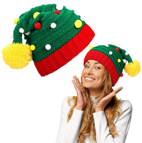 SATINIOR Cappello di Natale in Maglia per Adulti Donna Cappello di Babbo Natale Elfo Berretto Natalizio con Pompon (Stile Carino)