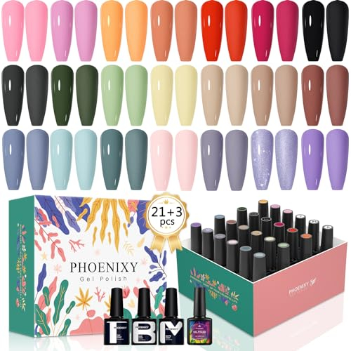 Gel Nail Polish Set-21+3 Pcs Soak Off UV LED Phoenixy Gel Nail Polish Set with Glossy Matte Base Top Coat Popular Nail Art Salon Design Kit Gift for Women