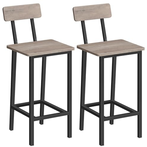 MAHANCRIS Barhocker 2er-Set, Barhocker mit Lehne, mit Fußstütze, Küchenstuhl mit Metallgestell, Sitzhöhe 65 cm, Einfach zu Montieren, für Küche, Bar, Grau ABAHG03101V