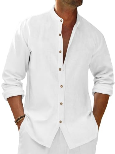 Runcati Mens Casual Linen Shirts 3/4 Sleeve Button Down Banded Collar Summer Beach Shirt White