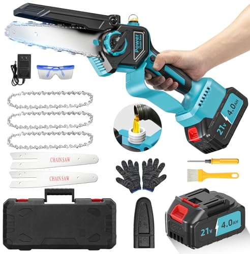Mini Motosierra Bateria 4000mAh, Motosierra Eléctrica 6 Pulgadas 1000W Sin Escobillas con Depósito Para El Aceite, Sierra Electrica, Motosierra de Mano para Podar Arboles de Jardinería