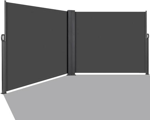 Store Latéral Double 180 x 600 cm (H x L),Auvent Latéral Extensible, Brise-Vue Rétractable,Paravent Exterieur Retractable,Imperméable, Protection Solaire,Revêtement PU,UV 50+,pour Terrasse,Balcon,Gris
