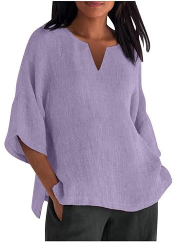 Uwdiohq Blusa Elegante Taglie Forti Camicia Casual da Donna con Maniche a 7 Quarti e Scollo a V, Tinta Unita, Ampia, Maglietta Magliette Palestra Bluse Eleganti Donna Cerimonia
