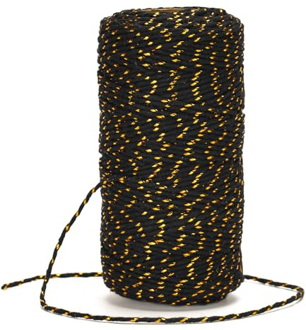 KINGLAKE Black Cotton String Twine with Gold String, 100m Glitter Metallic Cotton Bakers Twine for Gift Wrapping, Crafts, Xmas Decoration, Gardening
