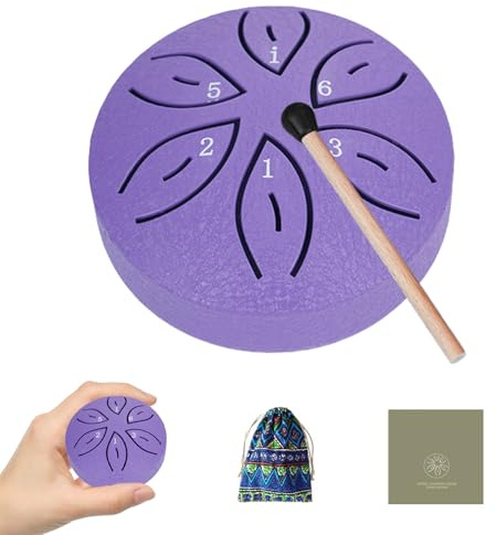 TINGSING Mini tambour à langue en acier de 7,6 cm à 6 noter - Instrument de percussion avec sac en tissu - Maillets pour livre de musique - Éducation musicale - Yoga et méditation - För vuxna et