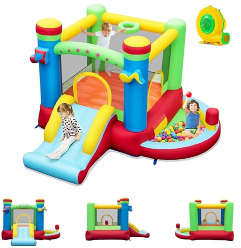 GOPLUS Château Gonflable Exterieur Enfant avec Toboggan, Panier de Basket, Jeux de Lancer d'Anneaux,Thème Musique, pour 2 Enfants de 3-12 Ans,Charge 90KG,294x290x190CM (Note+Souffleur 550W)