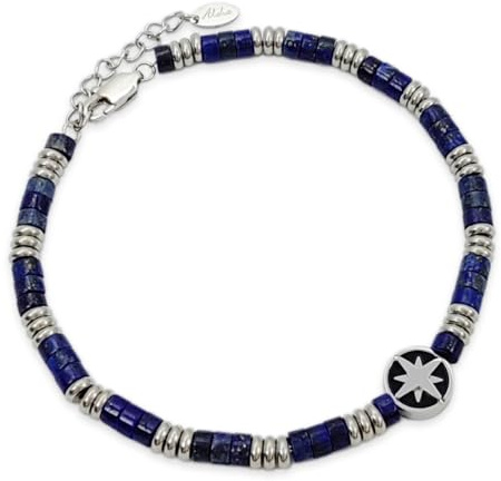 Aloha® Bracciale Nautico Uomo Ancora Rosa dei Venti Pietra Naturale Agata Blu e Sfere in Acciaio Idea Regalo Regolabile (Rosa dei Venti)