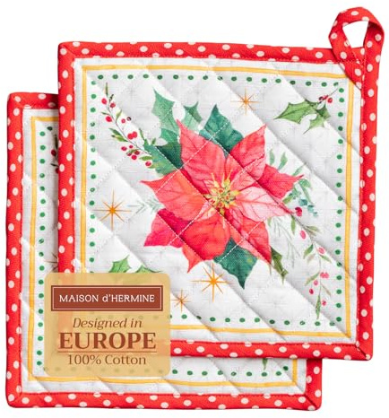 Maison d' Hermine Pot Holders Set 100% Cotton Heat Resistant Potholders 20 cm x 20 cm Hot Pads with Loop for Christmas Decorations BBQ Cooking Handling Hot Pans (Pack of 2, Poinsettia Christmas)