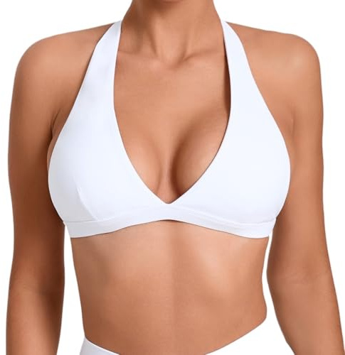 FCMWLKEJI Reggiseni Sportivi da Donna con Collo Halter Solido Alto Elastico con Imbottitura Rimovibile - Reggiseno Yoga Fitness Palestra Top Femminile per Yoga, Corsa, Allenamento, bianco, S