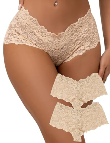 ohyeahlady Women Lace French Knickers Hipster Panties Brazilian Underwear | S-5XL,2 Pack, Sexy Cheeky Bikini Briefs,3D Floral Lace,Elastic Waist,Cotton Crotch Boyshorts, Plus Size,Soft Breathable