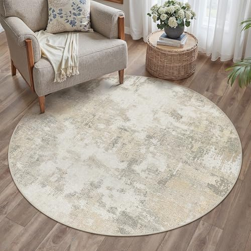 PureCozy Beige Tappeto Astratto Rotondo 120cm Tappeto Moderno per Soggiorno Tappeto Lavabile Antiscivolo Tappeto Minimalista per Soggiorno Camera da Letto Ufficio Area Decor