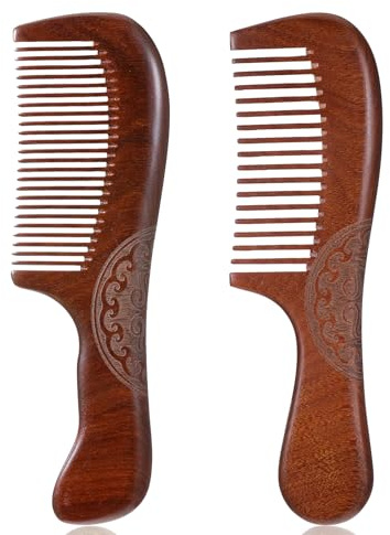 2 peines de madera para el pelo, peine de sándalo natural, peine antiestático para el cuero cabelludo, masaje, peine de mechas duradero, peine de nacimiento con aroma a madera de sándalo, grueso, para