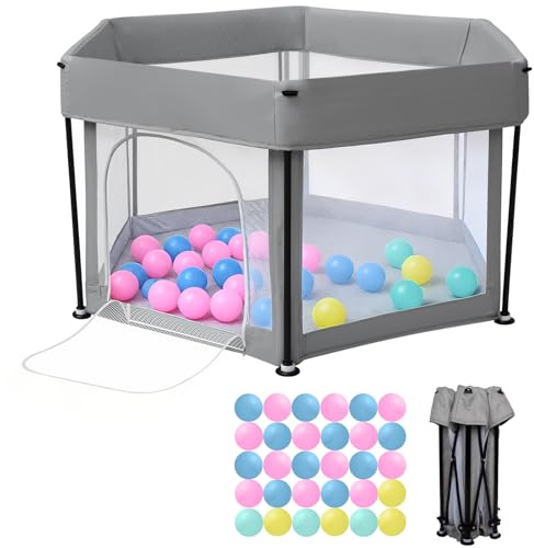 Baby Playpen Foldable125x66cm Portable, Safe, and Spacious Collapsible Play Pen with 30pcs Ocean Balls for Baby and Toddlers, Safe & Durable for Indoor and Outdoor Use(Light Grey)