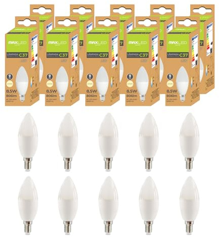 Maxled, Light is Led! 10 Pack E14 LED Stearinljuslampa 4000K Dagsljusvit C37 Energisparlampa 8,5 W Glödlampa Ersätter 64W Halogenlampa 806 Lumen LED Brännare 200° Ljuskälla Ej Dimbar AC 230V