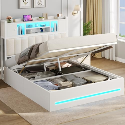 AOGLLATI Letto Contenitore 140x200 cm con Sollevamento Idraulico, Letto Matrimoniale con Luci LED e Porta USB, Sommier a Doghe in Legno, Testiera Imbottita Nero con 7 Vani Portaoggetti, Bianco
