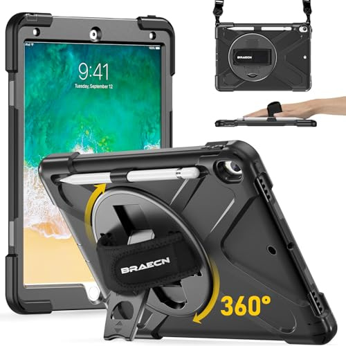 BRAECN Case for iPad Air 3rd Generation 2019, iPad Pro 10.5 inch Case, Heavy Duty Shockproof Rugged with Pencil Holder, 360° Rotating Stand & Hand Strap, Shoulder Strap for iPad Air 2019 - Black