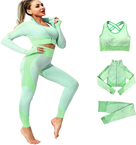 Veriliss Tracksuit For Women,3pcs Outfits Workout Joggers Yoga Gym Sportswear Leggings And Stretch Sports Bra Jumpsuits Clothes Sets (Green,L)