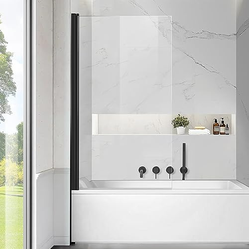 Frameless Tub Shower Door, Clear Tempered Glass Bathroom Shower Door 30 W*55 H, Hinged Foldable Bathtub Screen with Matte Black Wall Profile Support