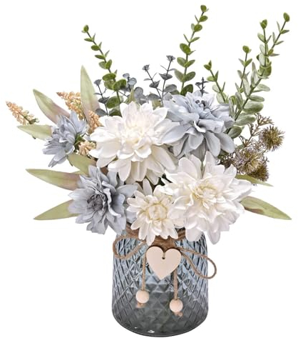 Yorkmills Fake Flowers with Vase, Blue Silk Roses Flowers Arrangement Artificial Flowers in Vase, Autumn Spring Decor,Home Office Living Room Decorations, Dining Table Centerpiece
