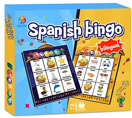 EDUMAETRIX Bingo bilingüe español inglés con cartas desafiantes, vocabulario, aprendizaje de idiomas, juegos educativos de lectura para niños a partir de 5 años