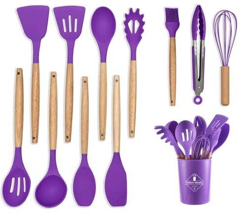 Set 12 Utensili da Cucina in Silicone - Mestoli e Spatole Resistenti al Calore Antiaderenti - Accessori Cucina (Viola)