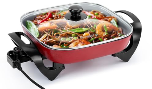 Holstein Housewares 12-Inch Electric Skillet - 1400W Electric Pan with Adjustable Temperature Control, PFOA-Free Non-Stick Coating, Cool-Touch Handles, Multi-Function Cooker, Red