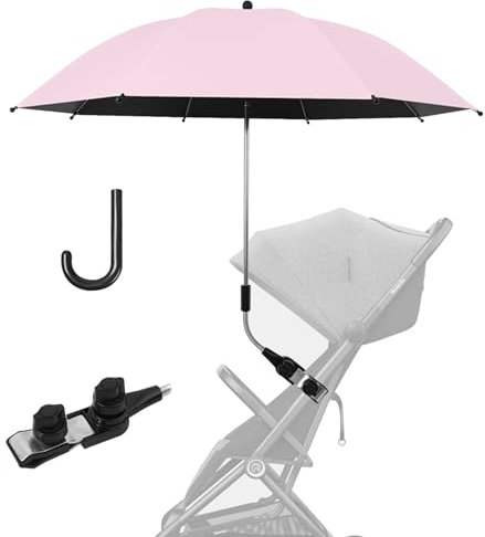 UATARU Universal Pram Umbrella, 360° UV Protection Pram Parasol Baby Stroller Umbrella with Adjustable Fixing Clamp for Pushchair Buggy Beach Chair, 85 cm Diameter (pink)