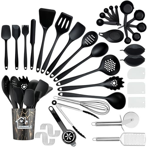 Kitchen Utensils Set - Pleafind 44 PCS Silicone Cooking Utensils - Non-Stick Utensil Set, Heat Proof Kitchen Cooking Accessories,Spoons Turners Spatula Ladle Set(Black)
